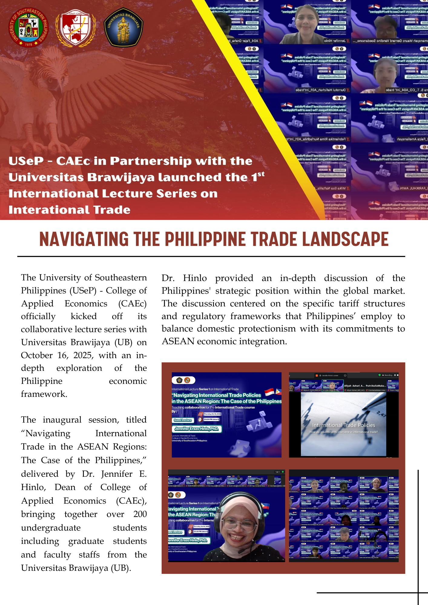 USeP – CAEc in Partnership with the Universitas Brawijaya launched the 1st International Lecture Series on Interational Trade