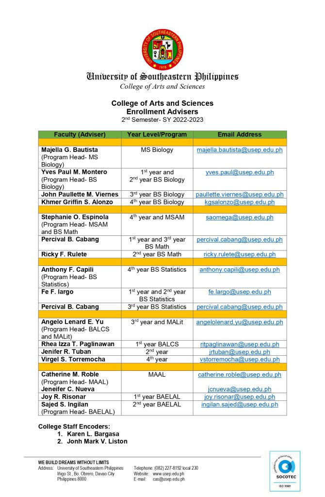Enrolment Advisers for 2nd Semester, AY 2022-2023