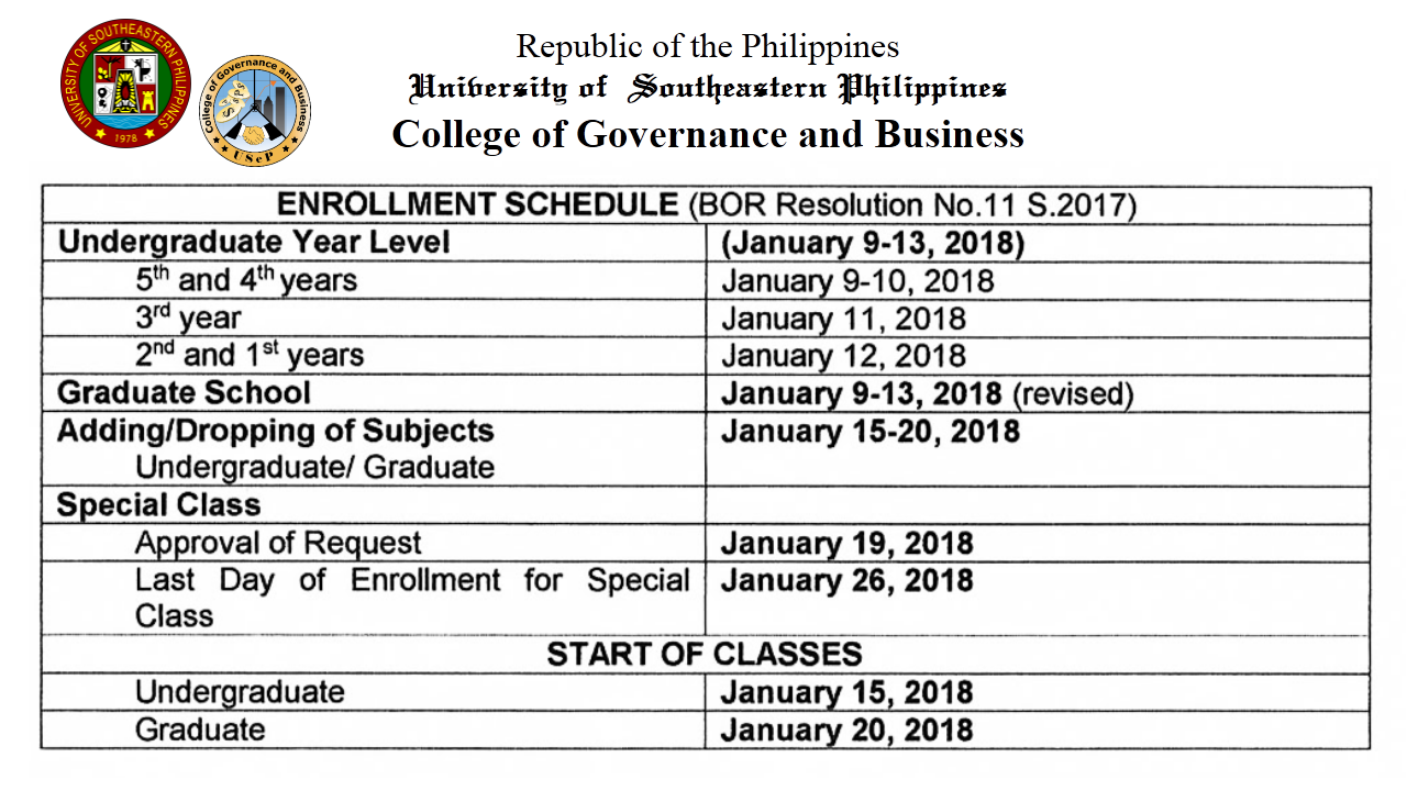 Enrollment Schedule 2nd Sem. 2018