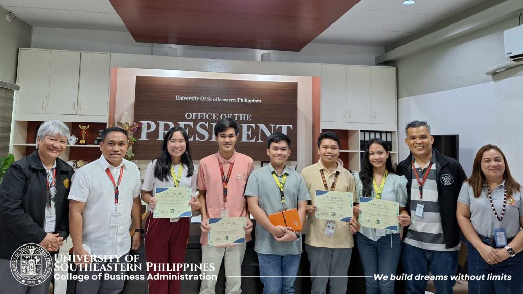 [LOOK] USeP BSA Champions in the PICPA Davao Inter School Accounting Quiz Bowl pays a courtesy visit to the University President