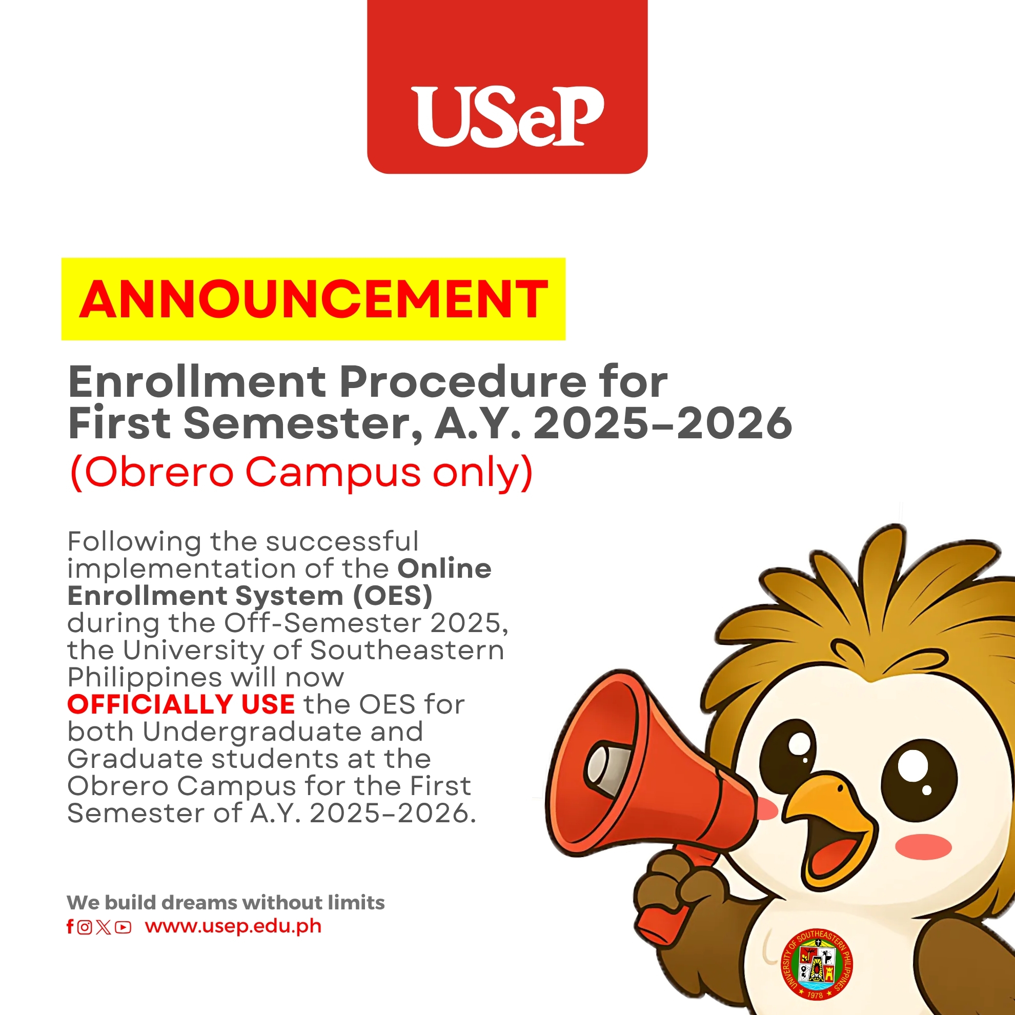 [𝗔𝗡𝗡𝗢𝗨𝗡𝗖𝗘𝗠𝗘𝗡𝗧] Enrollment Procedure for First Semester, A.Y. 2025–2026 (OBRERO CAMPUS ONLY)