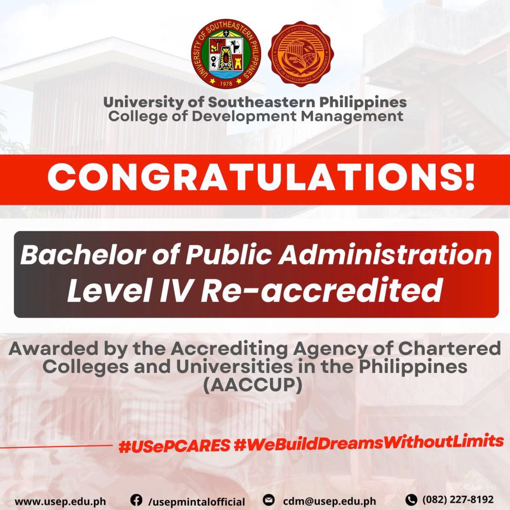 Level 4 Re-Accredited – Bachelor of Public Administration (USeP-CDM)