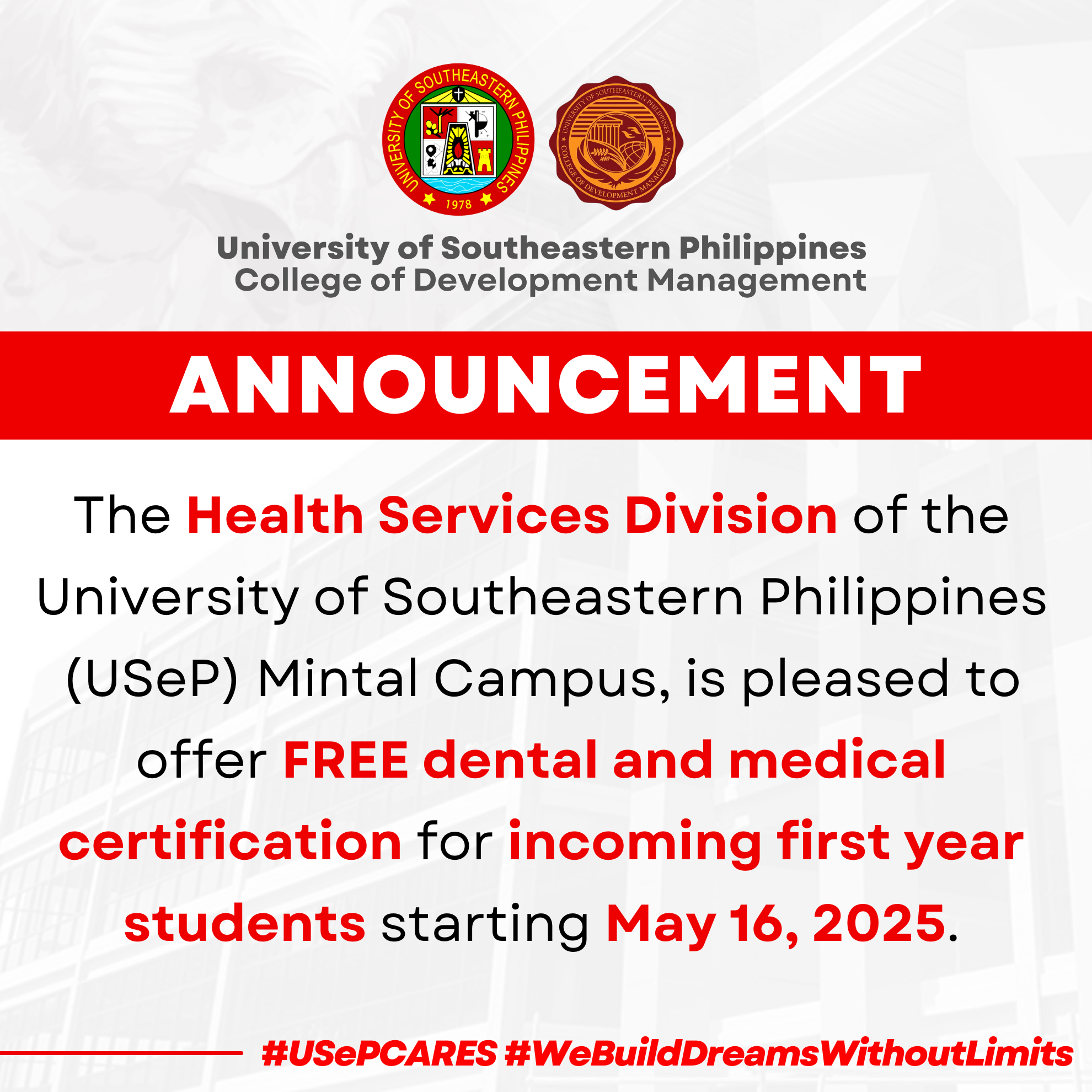 Free Dental and Medical Certification for Incoming First Year Students starting May 16, 2025
