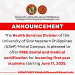 Free Dental and Medical Certification for Incoming First Year Students
