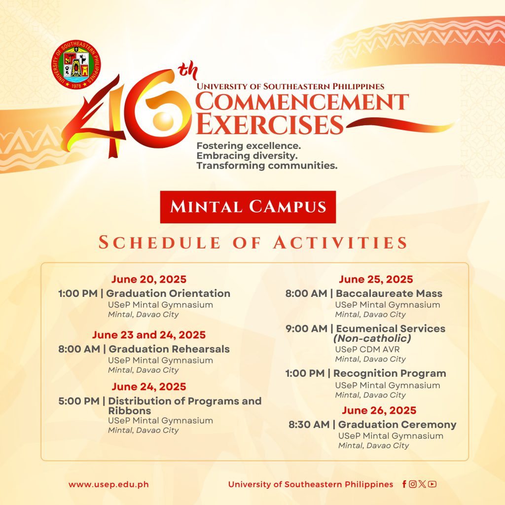 Schedule of Activities for this year’s USeP 46th Commencement Exercises