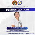 USeP College of Education congratulates Dr. Pearl Ann M. Mancao for winning Best Presenter at IASC2025