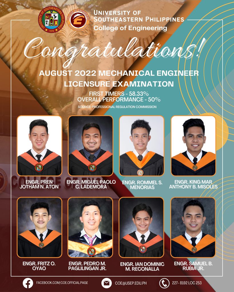 USeP Graduates Mechanical Engineer Licensure Examination August 2022