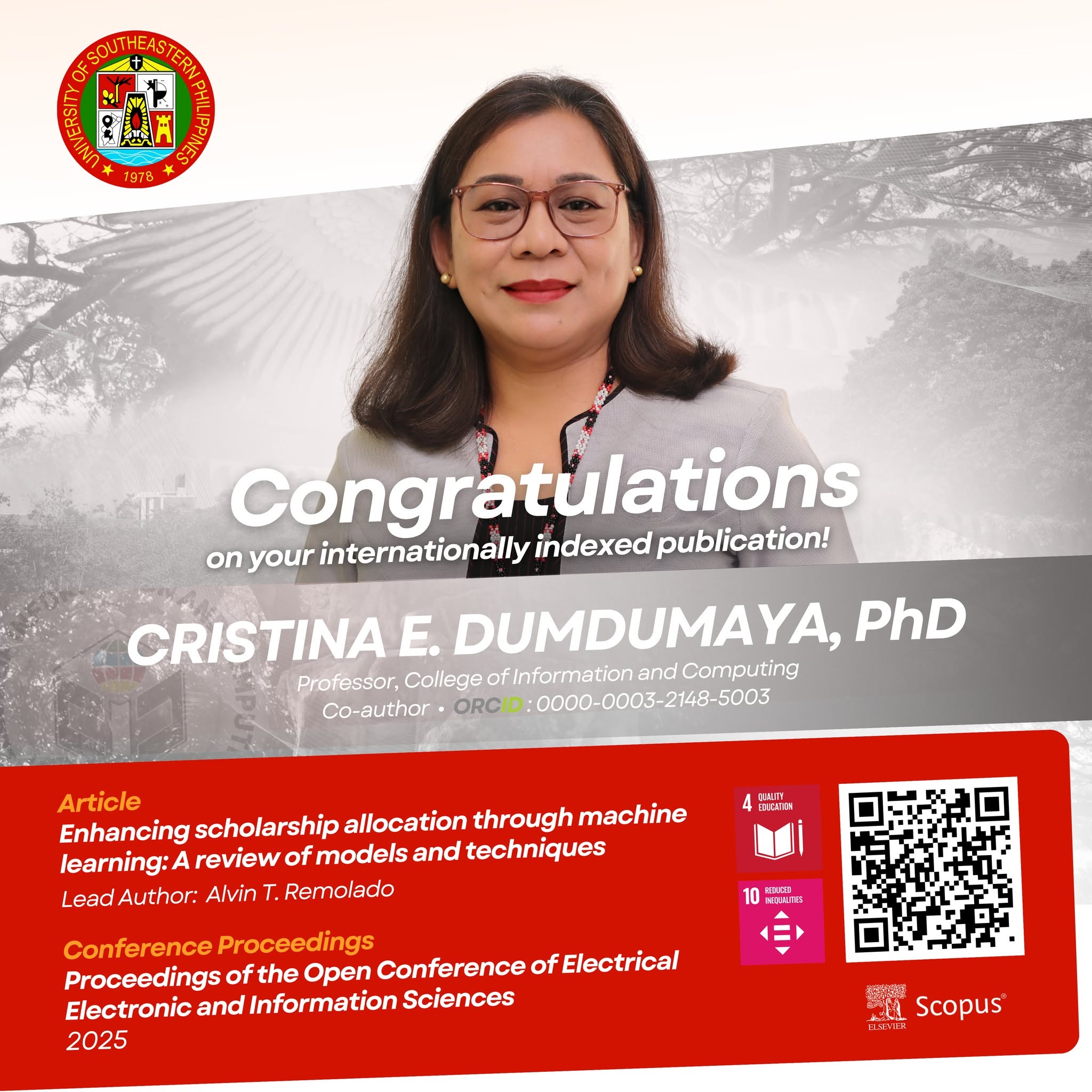 𝘾𝙊𝙉𝙂𝙍𝘼𝙏𝙐𝙇𝘼𝙏𝙄𝙊𝙉𝙎 | Congratulations to Dr. Cristina E. Dumdumaya of the College of Information and Computing (CIC) on her international publication in a Scopus-indexed conference proceedings, published by IEEE. This article marks her second publication in 2025.