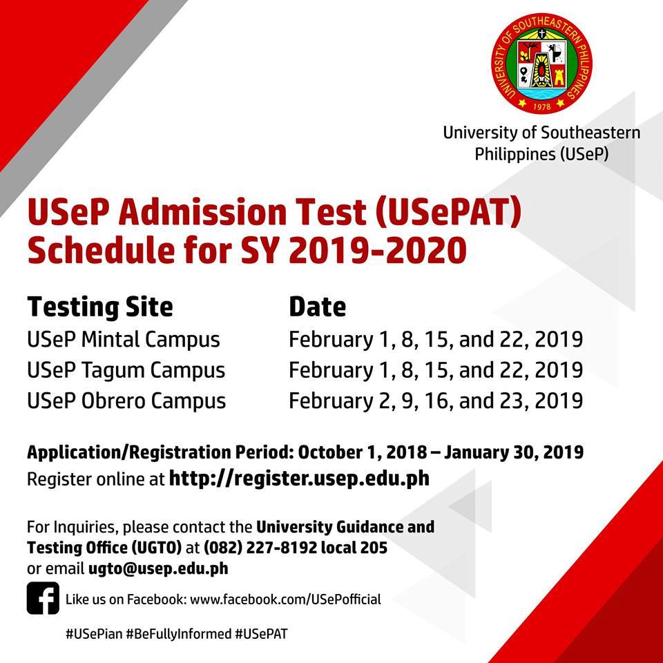 USeP Admission Test (USePAT) Schedule for SY 2019-2020