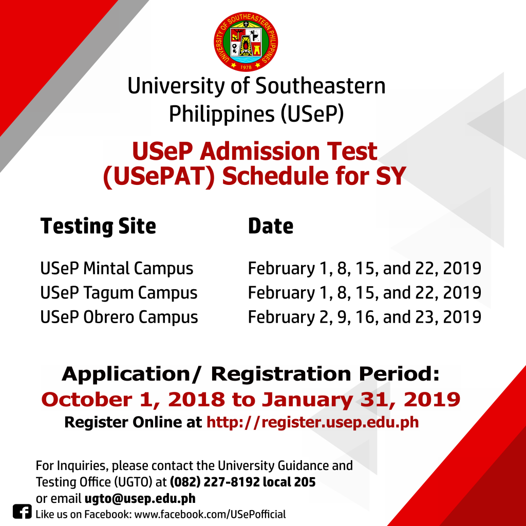 USeP Admission Test (USePAT) Schedule for SY 2019-2020