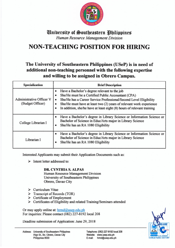 Non-Teaching Position for hiring