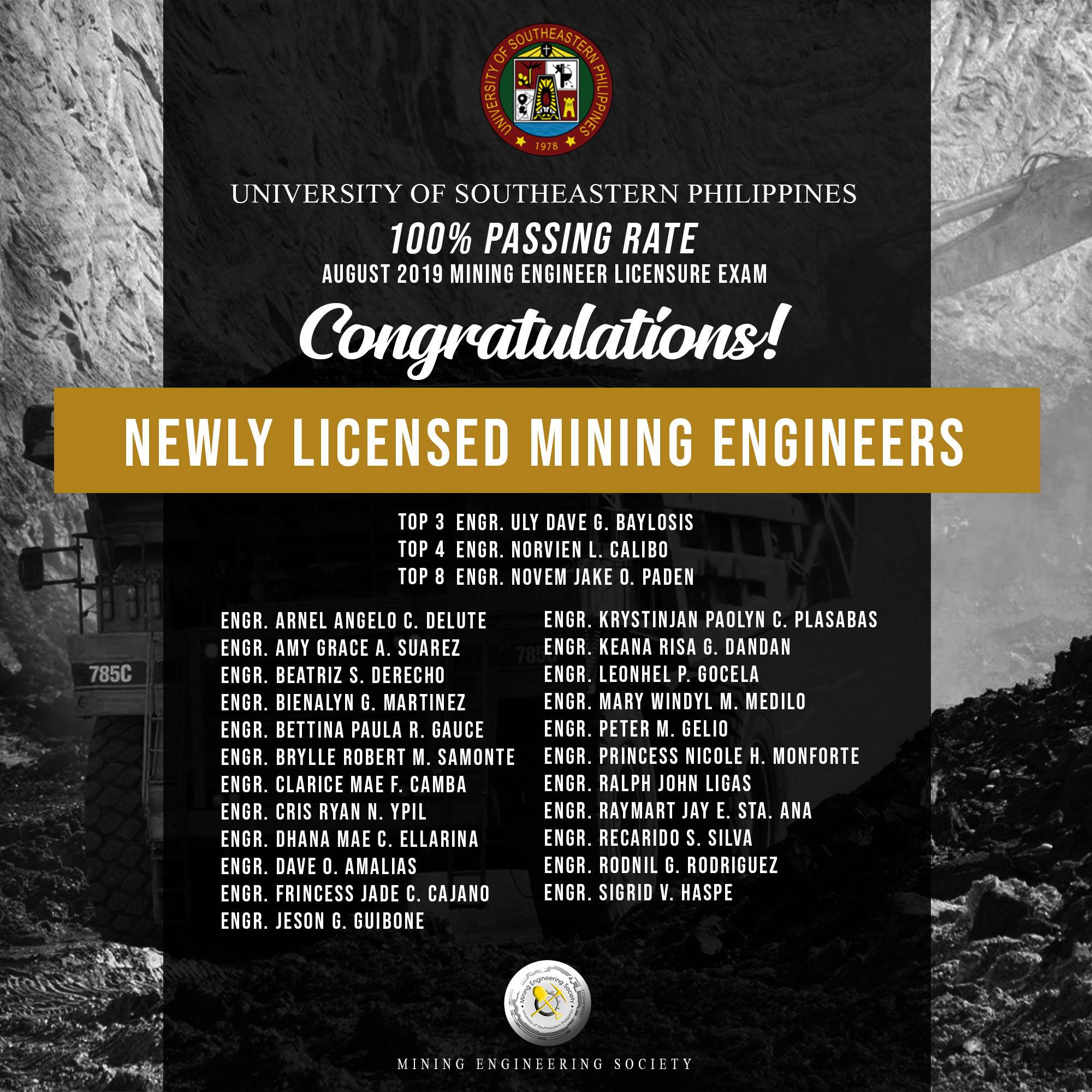 Congratulations University of Southeastern Philippines for garnerning 100% passing rate in the recently concluded Mining Engineering Board Examinations.