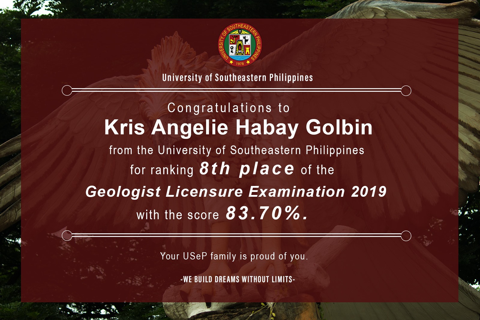 USeP ranks 8th Place in the 2019 Geologist Licensure Examination