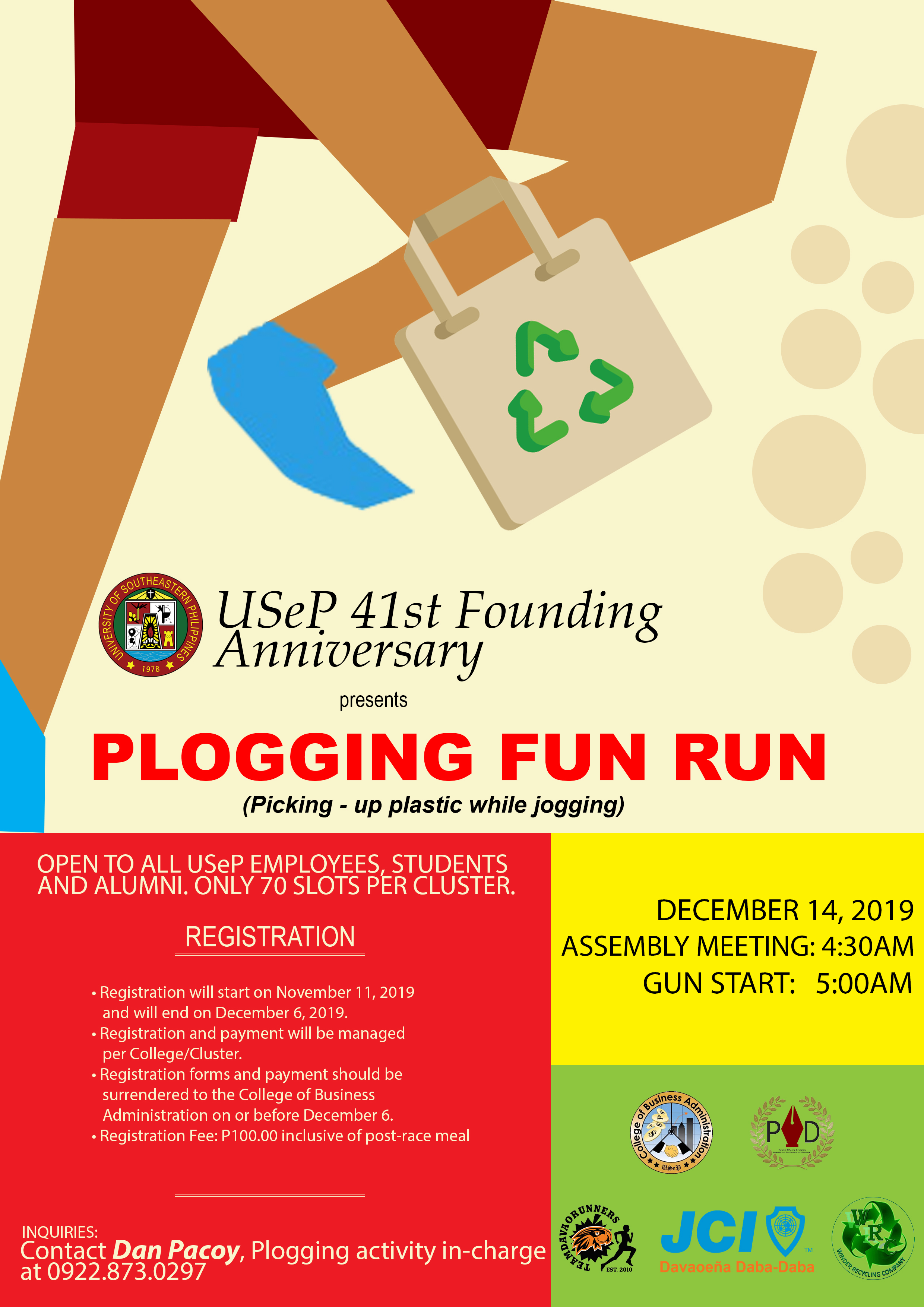 USEP 41st FOUNDING ANNIVERSARY CELEBRATION  presents  PLOGGING (Picking-Up Plastic while Jogging) Fun Run  December 14, 2019