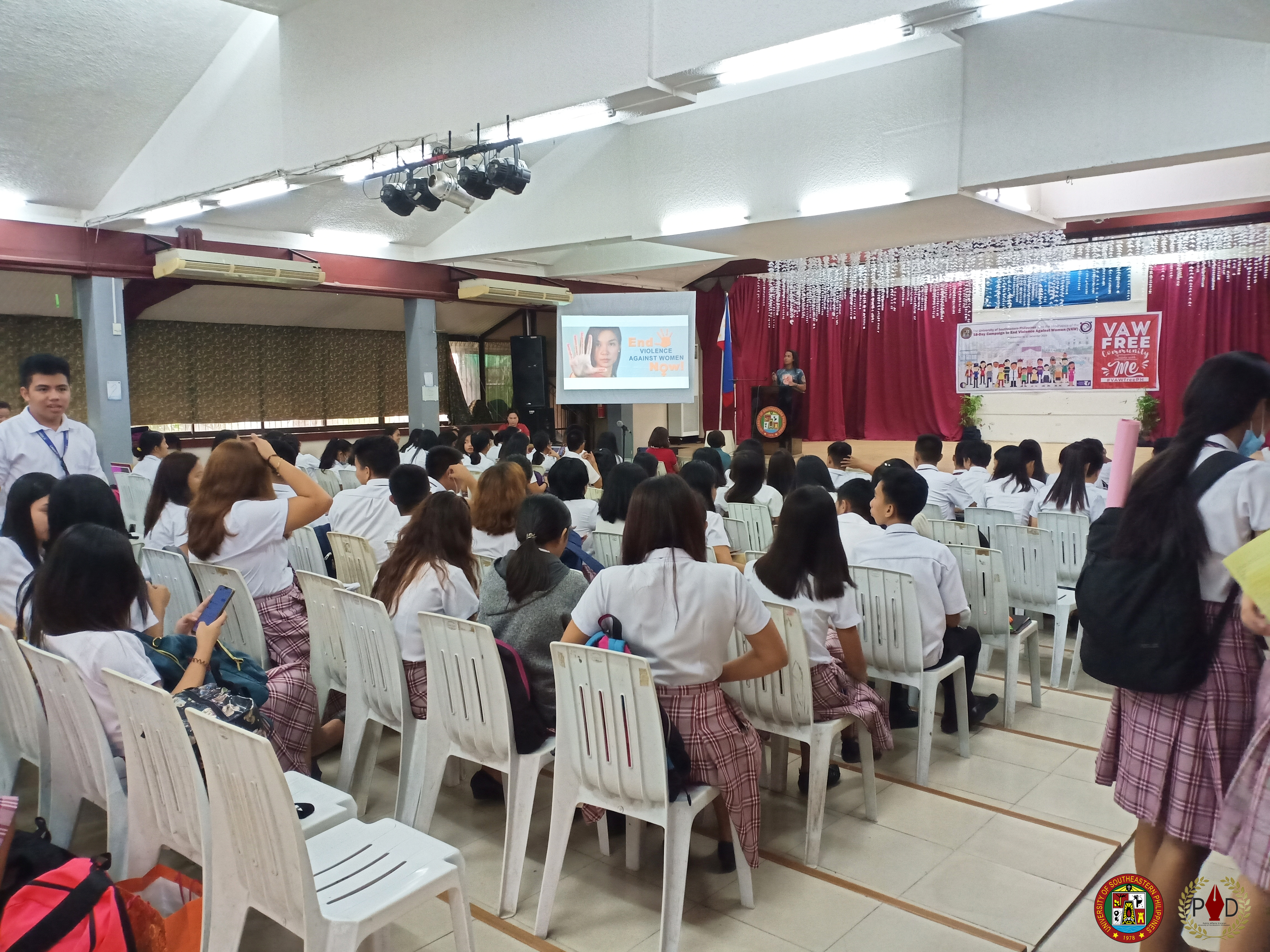 December 2, 2019 – The University of Southeastern Philippines (USeP) conducts a Seminar-Lecture on various forms of Violence Against Women (VAW) in observance of the 18-Day Campaign to End Violence Against Women through USeP’s Gender and Development (GAD) Division in partnership with the Philippine Commission on Women at the USeP Social Hall.