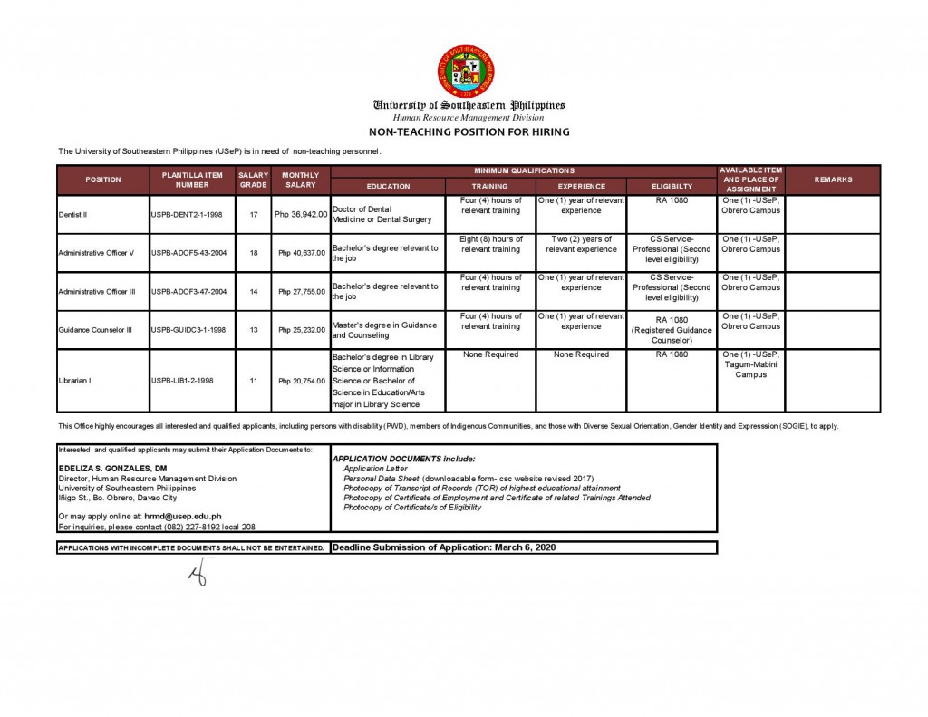 The University of Southeastern Philippines (USeP) is in need of non-teaching personnel.