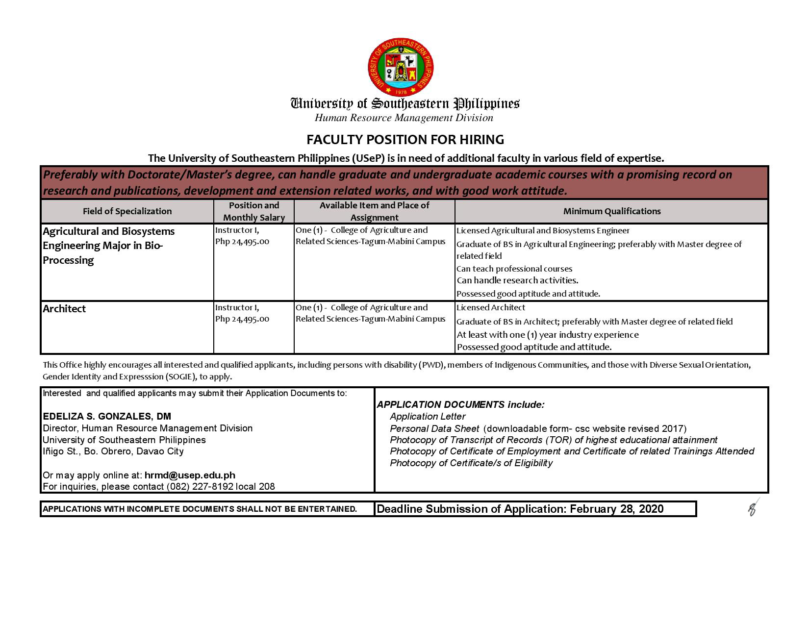 The University of Southeastern Philippines (USeP) is in need of additional faculty in various field of expertise.