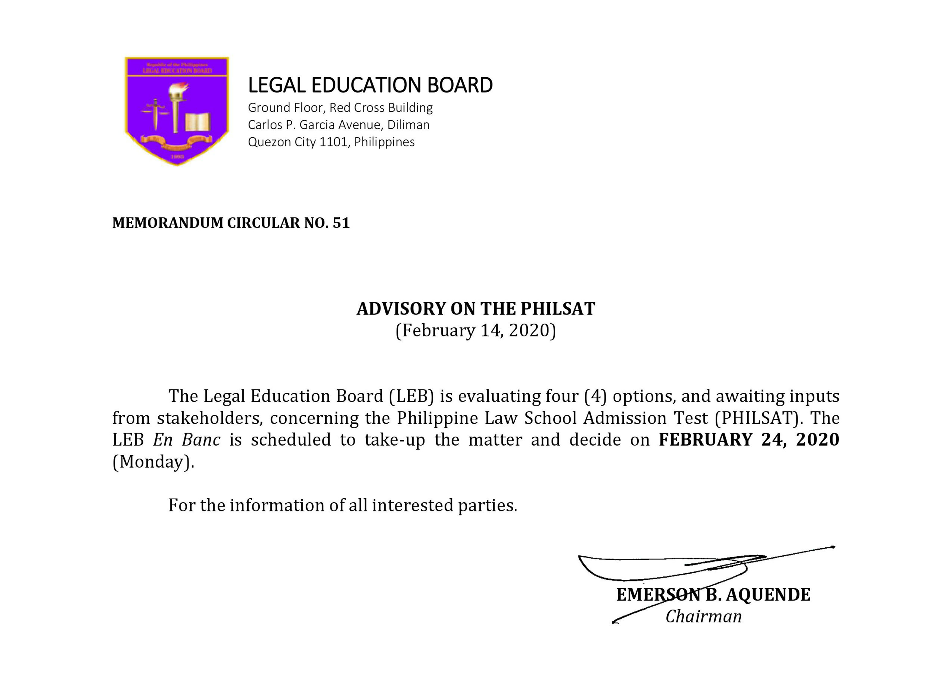 Legal Education Board’s Advisory Re: PhiLSAT Memorandum Circular No. 51