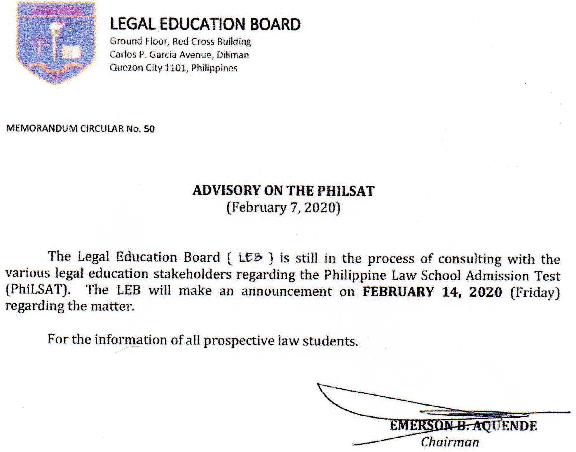 Legal Education Board’s Advisory Re: PhiLSAT Memorandum Circular No. 50