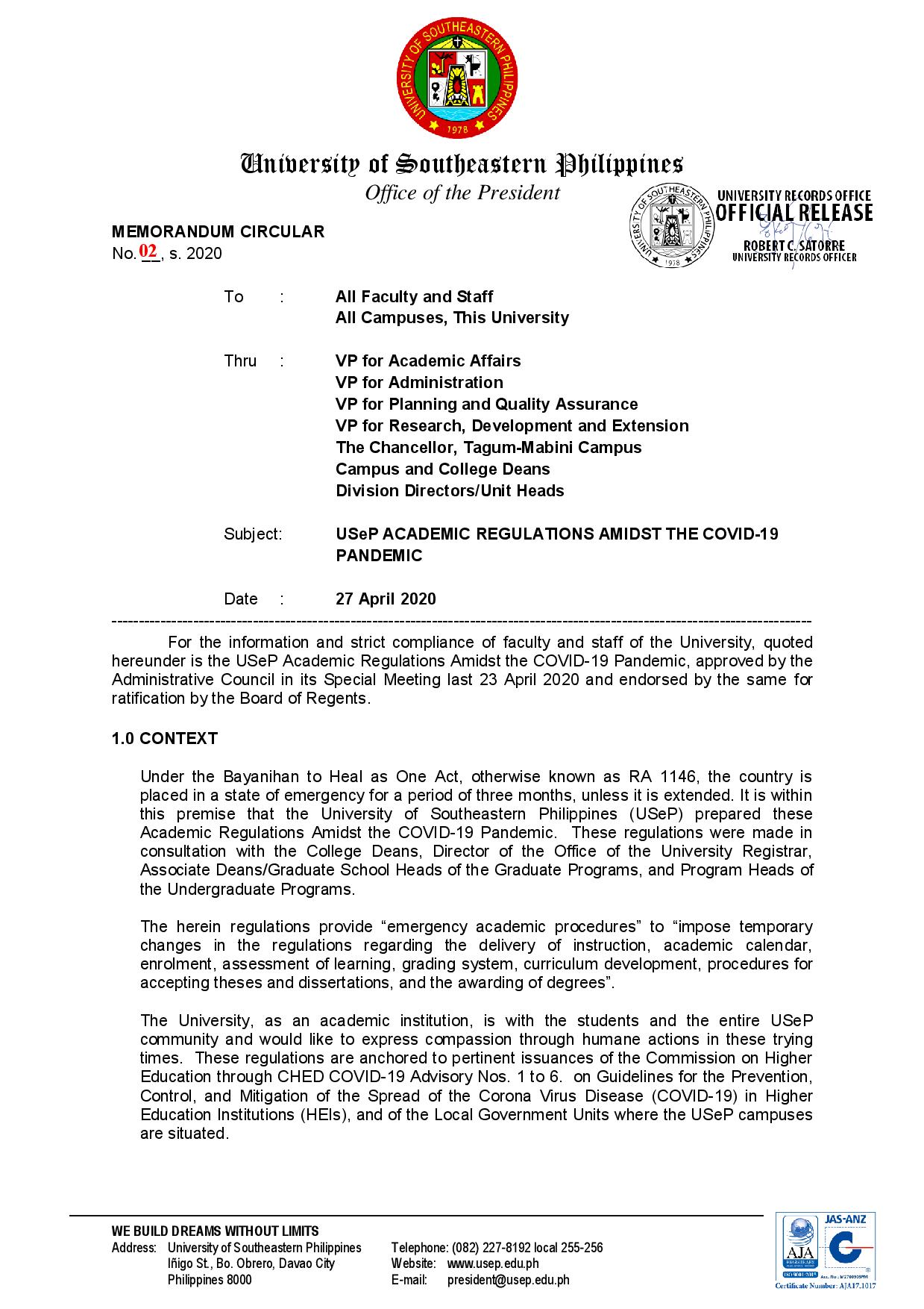 Memorandum Circular regarding USeP academic regulations amidst the