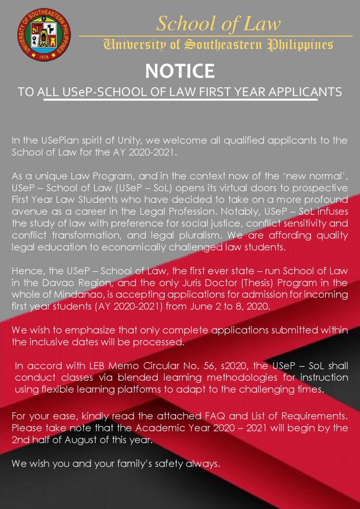 USeP School of Law Admission 2020