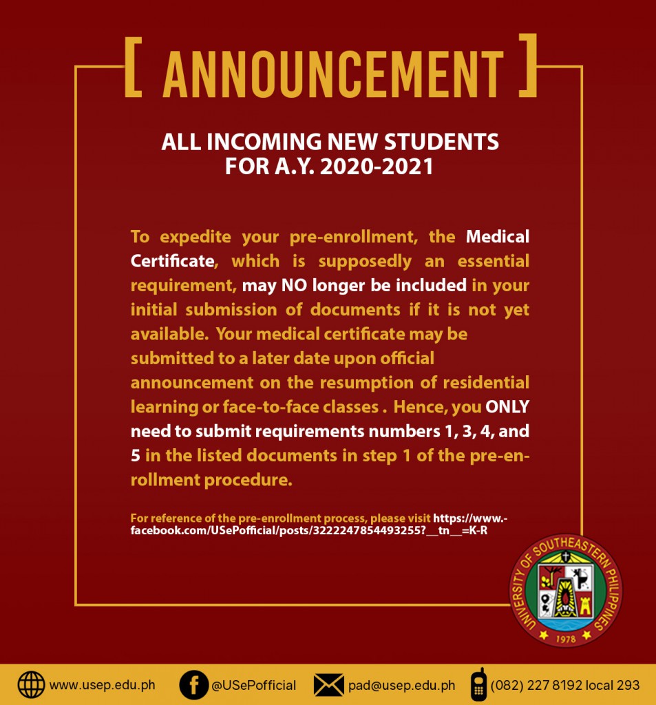 Announcement for incoming new students for A.Y. 2020-2021