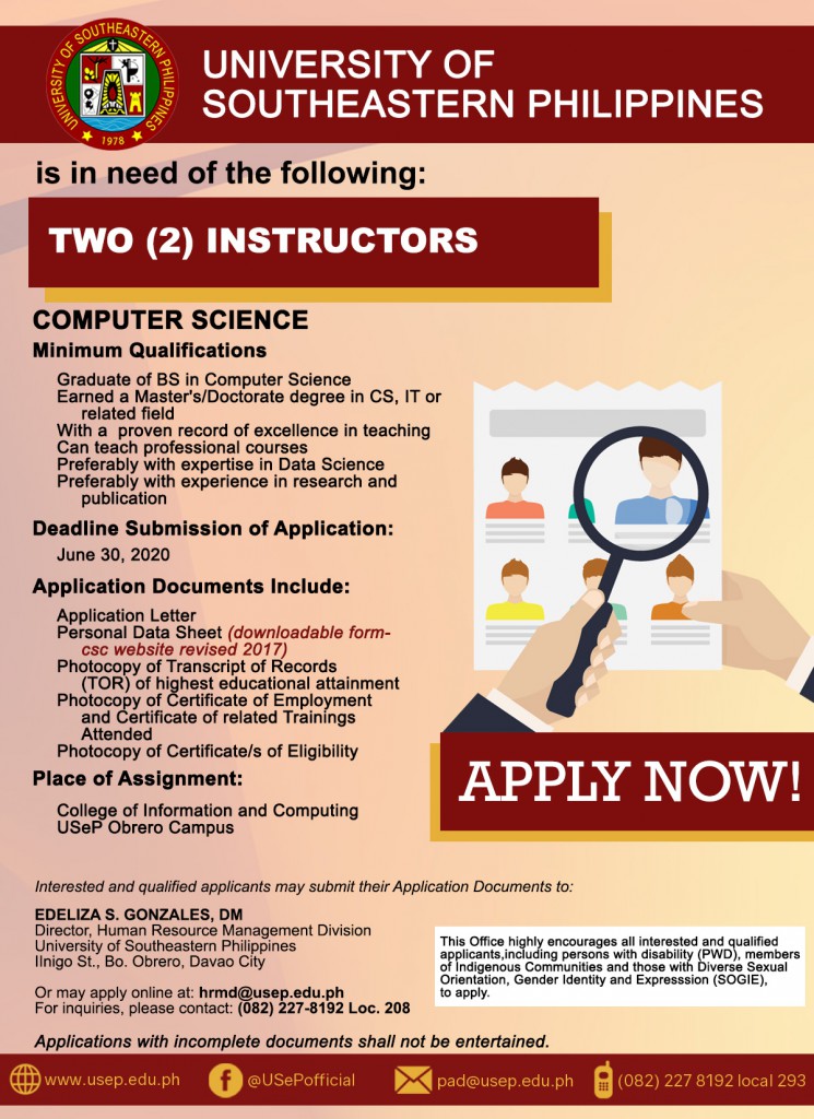 USeP is in need of instructors for the College of Information and Computing – Obrero Campus