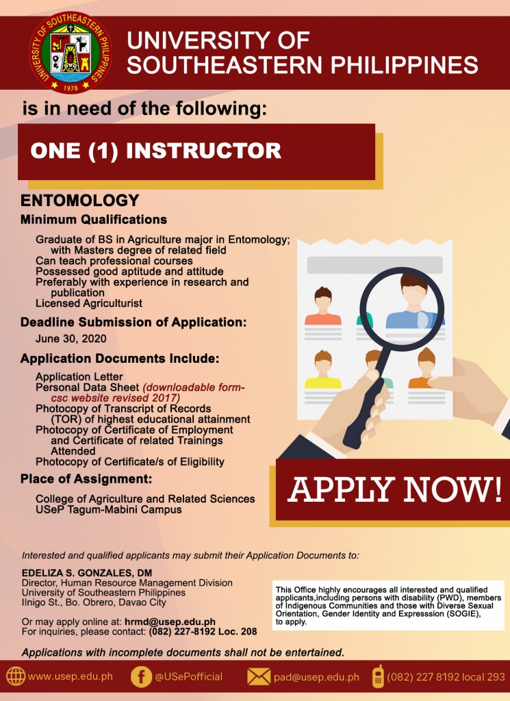 USeP is in need of instructors for the College of Agriculture and Related Sciences – Tagum-Mabini Campus