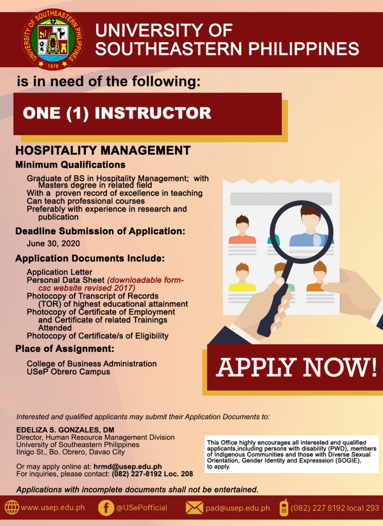 USeP is in need of instructor for the College of Business Administration – Obrero Campus
