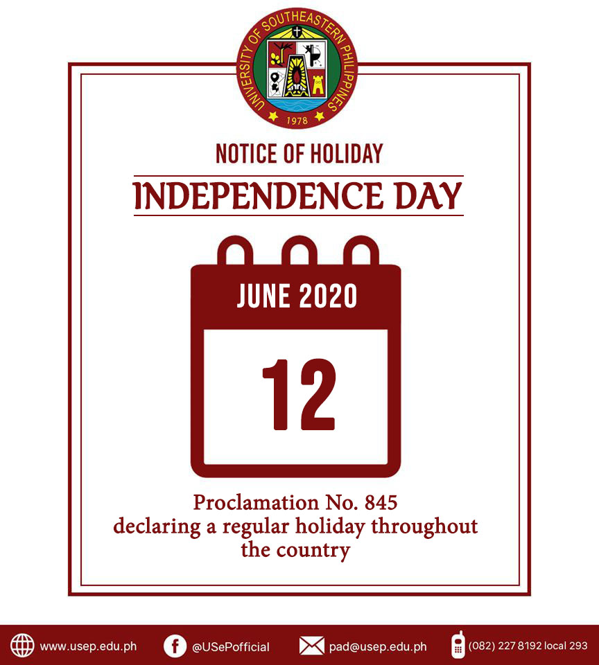 Proclamation No 845 Declaring June 12 A Regular Holiday University Of Southeastern Philippines