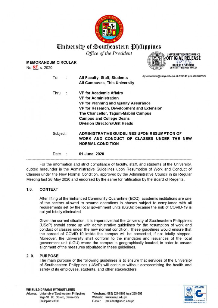 Memorandum Circular No. 3 s 2020 – Administrative Guidelines upon Resumption of Work and Conduct of Classes under the New Normal Condition