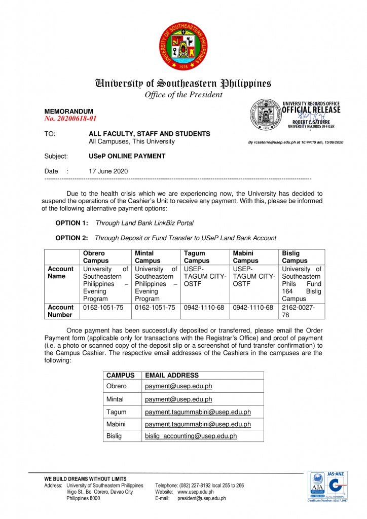 Memorandum Circular Regarding USeP Online Payment