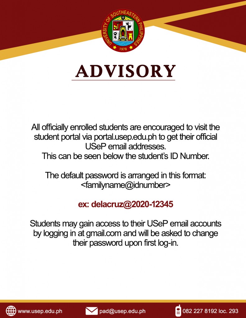 Advisory on USeP Students’ Official Email Addresses