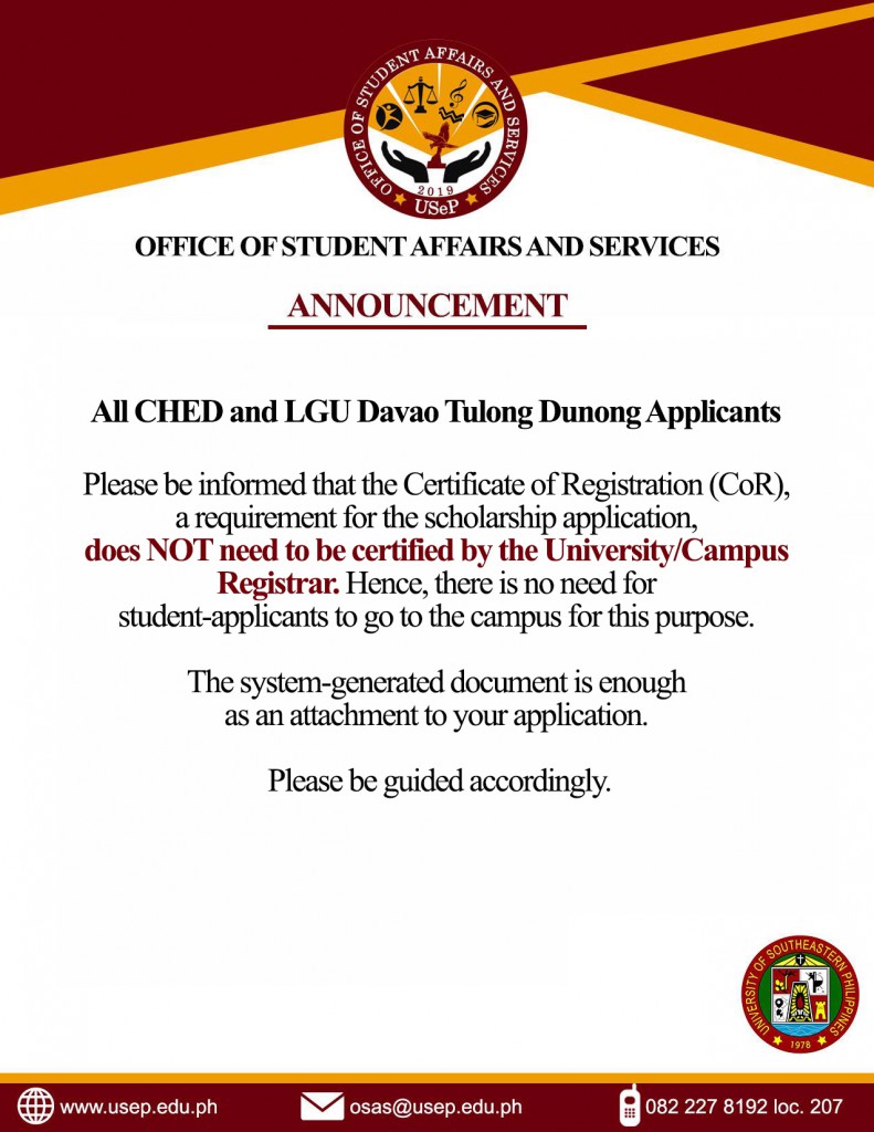 Announcement on CHED and LGU Davao Tulong Dunong Scholarship Requirements