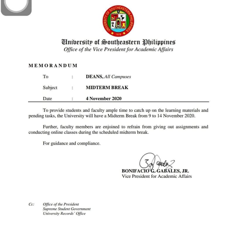 Memorandum on MIDTERM BREAK