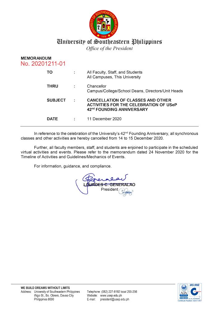 Advisory on the cancellation of classes and other activities for the celebration of the 42nd Founding Anniversary