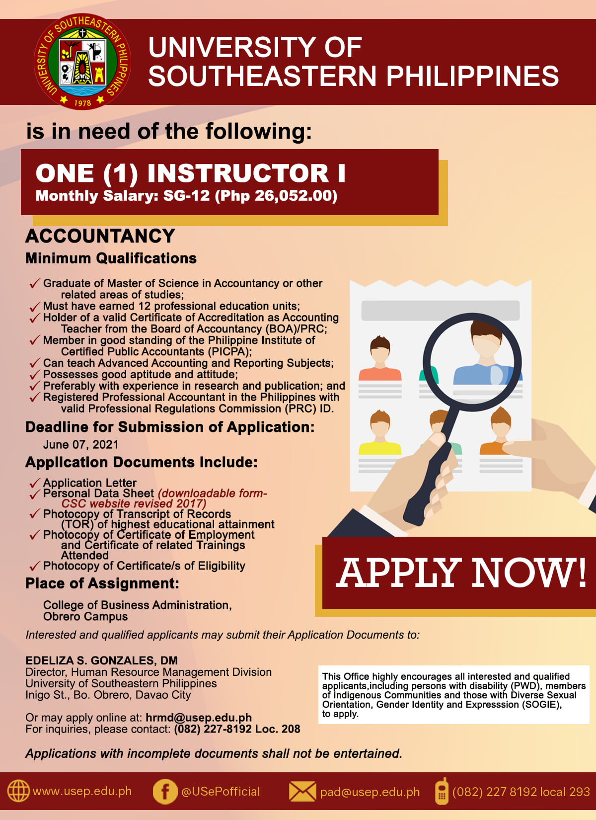 Job Opportunity! USeP is in need of an Instructor for the College of Business Administration, Obrero campus