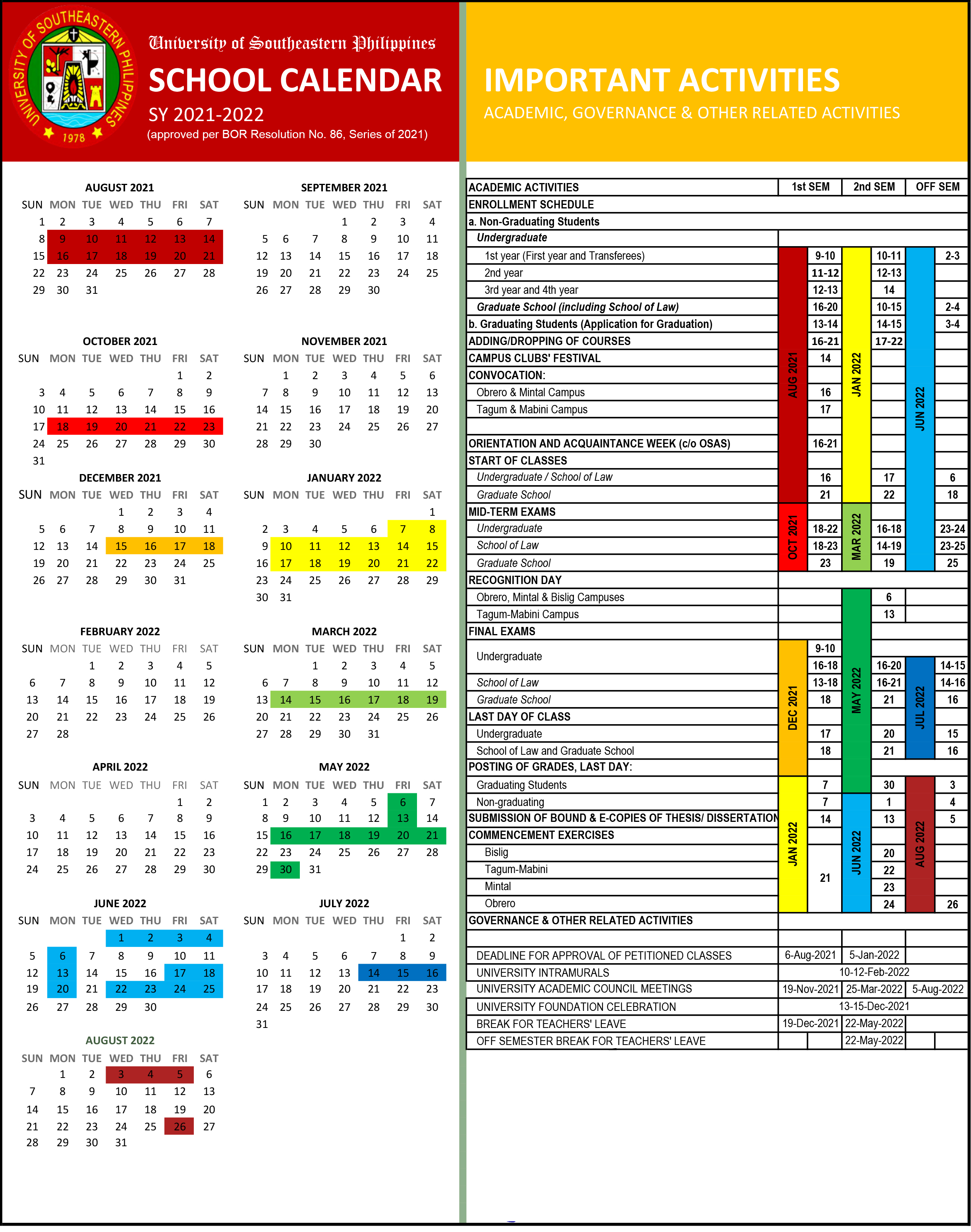 USeP School Calendar SY 2021 2022 University of Southeastern