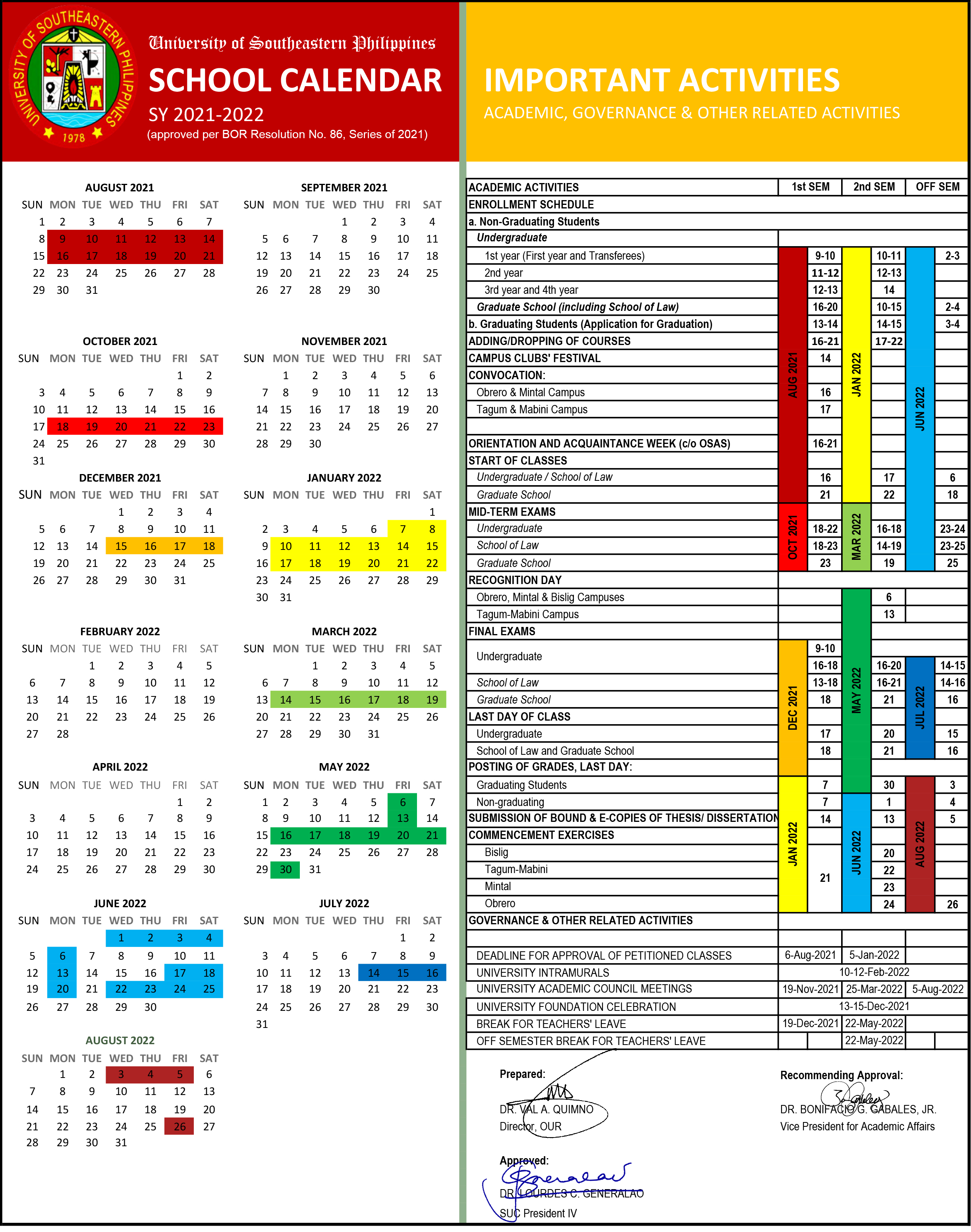 USeP School Calendar SY 2021 - 2022 - University of Southeastern