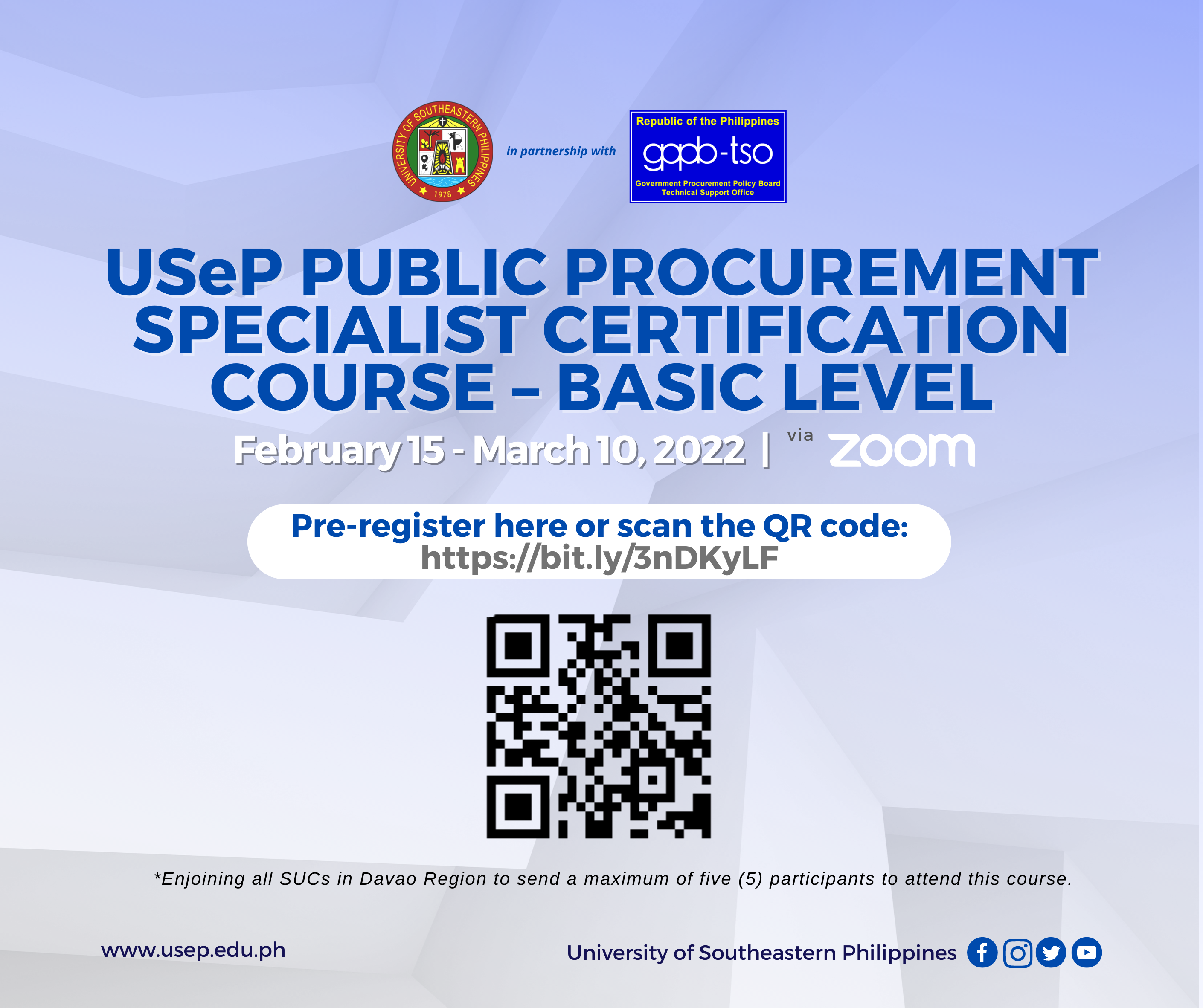 USeP Public Procurement Specialist Certification Course- Basic Level (February 15- March 10, 2022) via Zoom