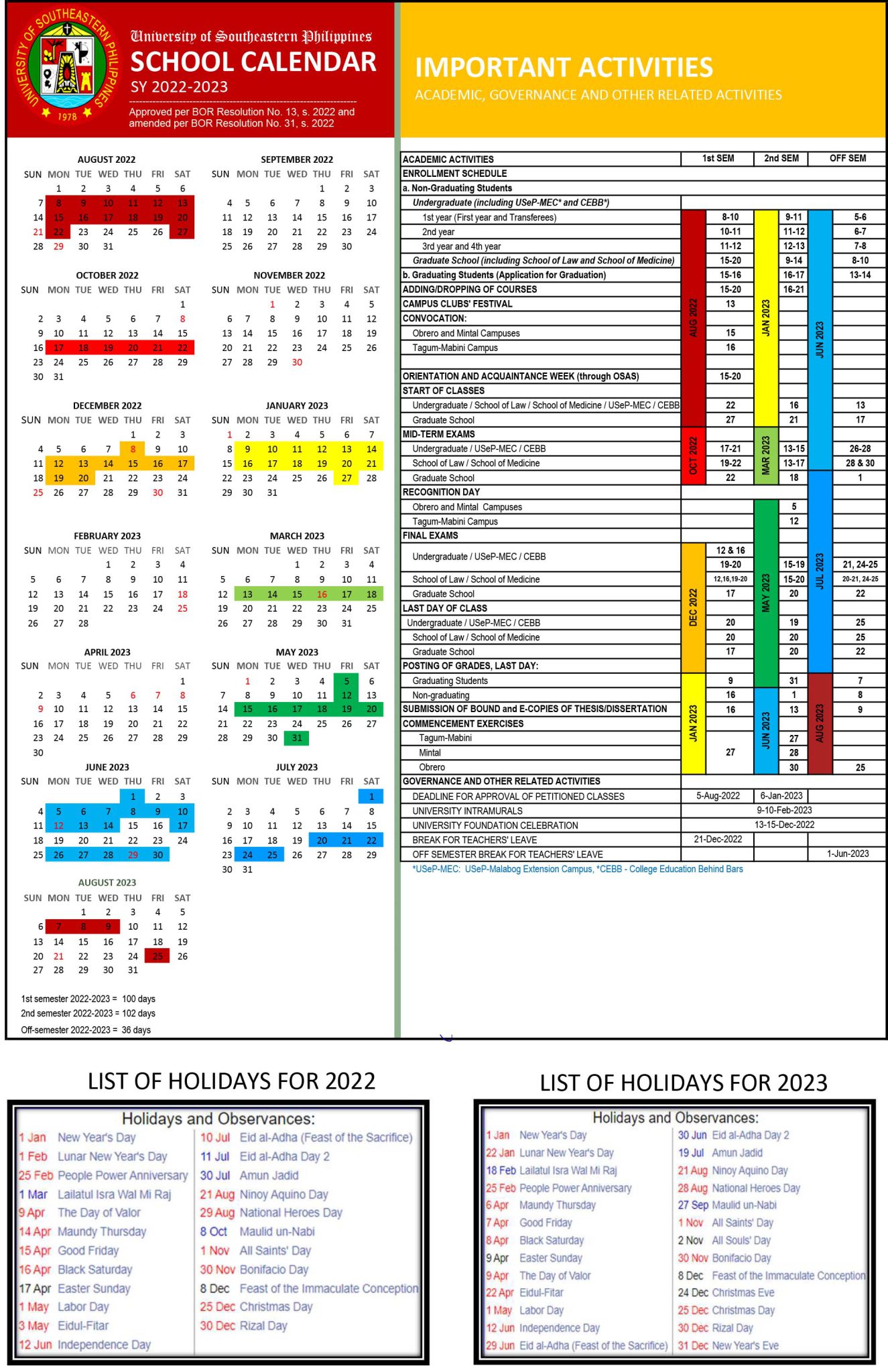 USeP Amended School Calendar for the School Year 20222023 University