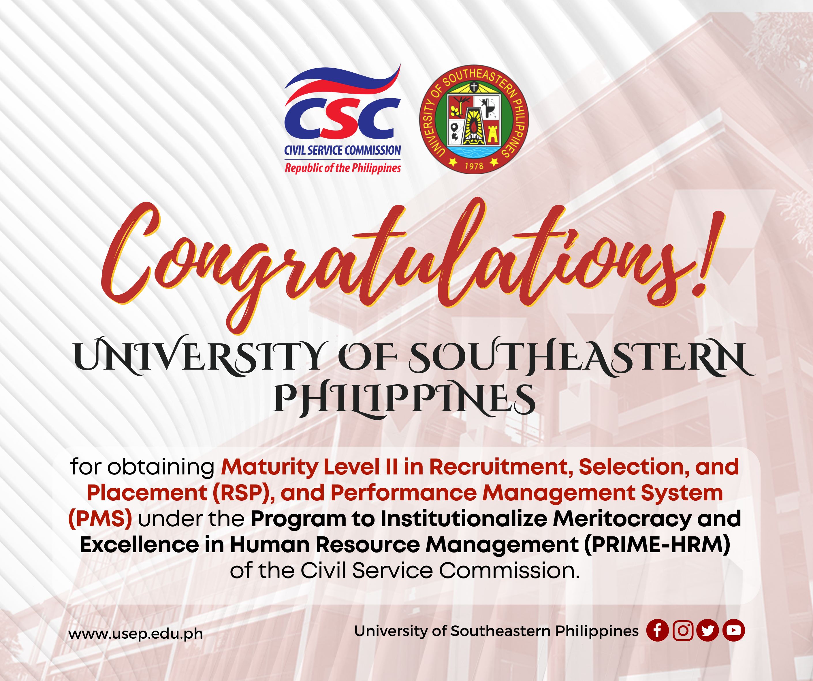 USeP obtains PRIME-HRM Maturity II in RSP and PMS