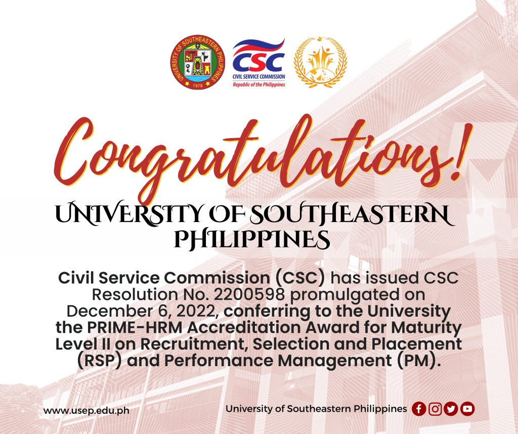 CSC confers PRIME-HRM Accreditation Award for Maturity Level II to USeP