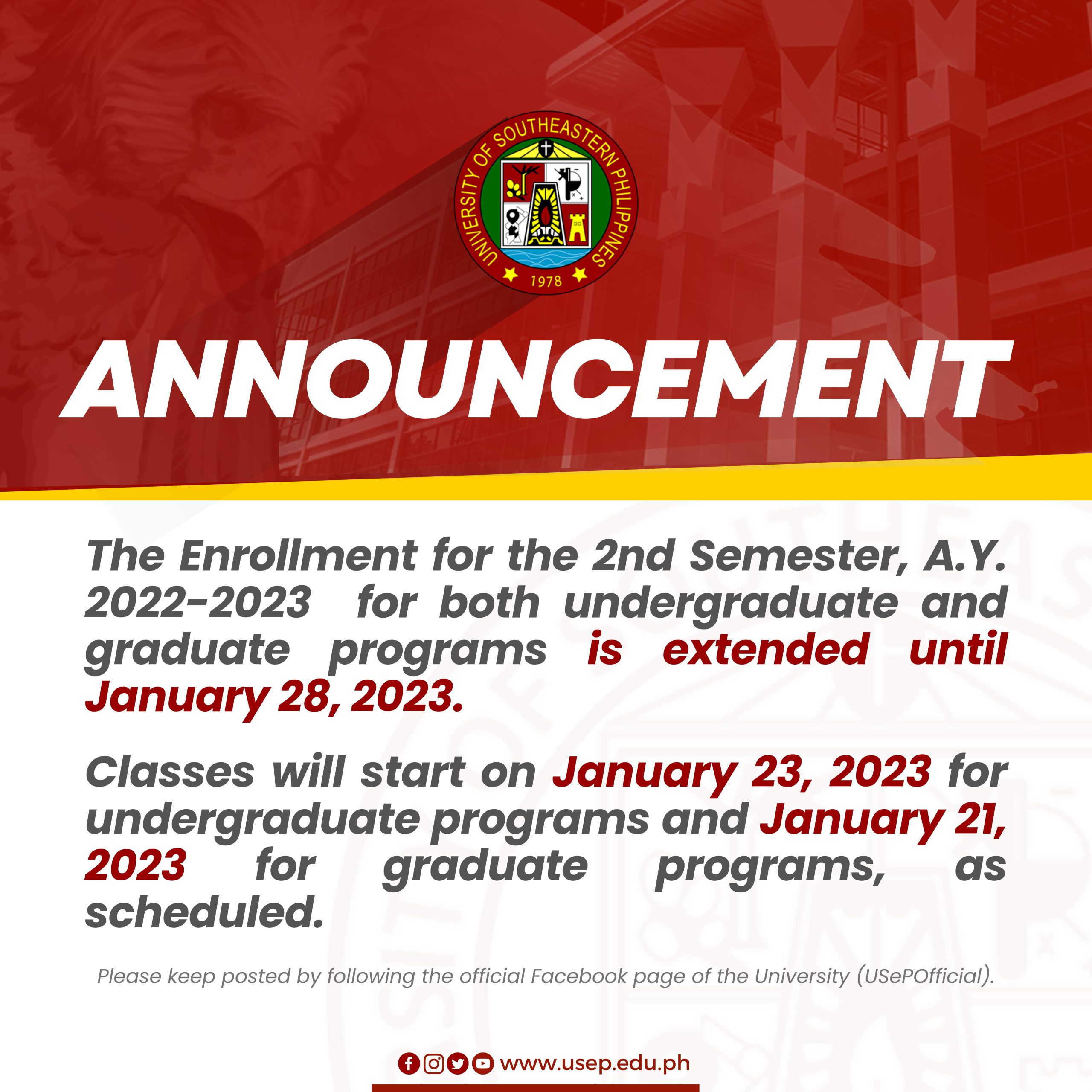 Extension of the Enrollment for the 2nd Semester, A.Y. 2022-2023