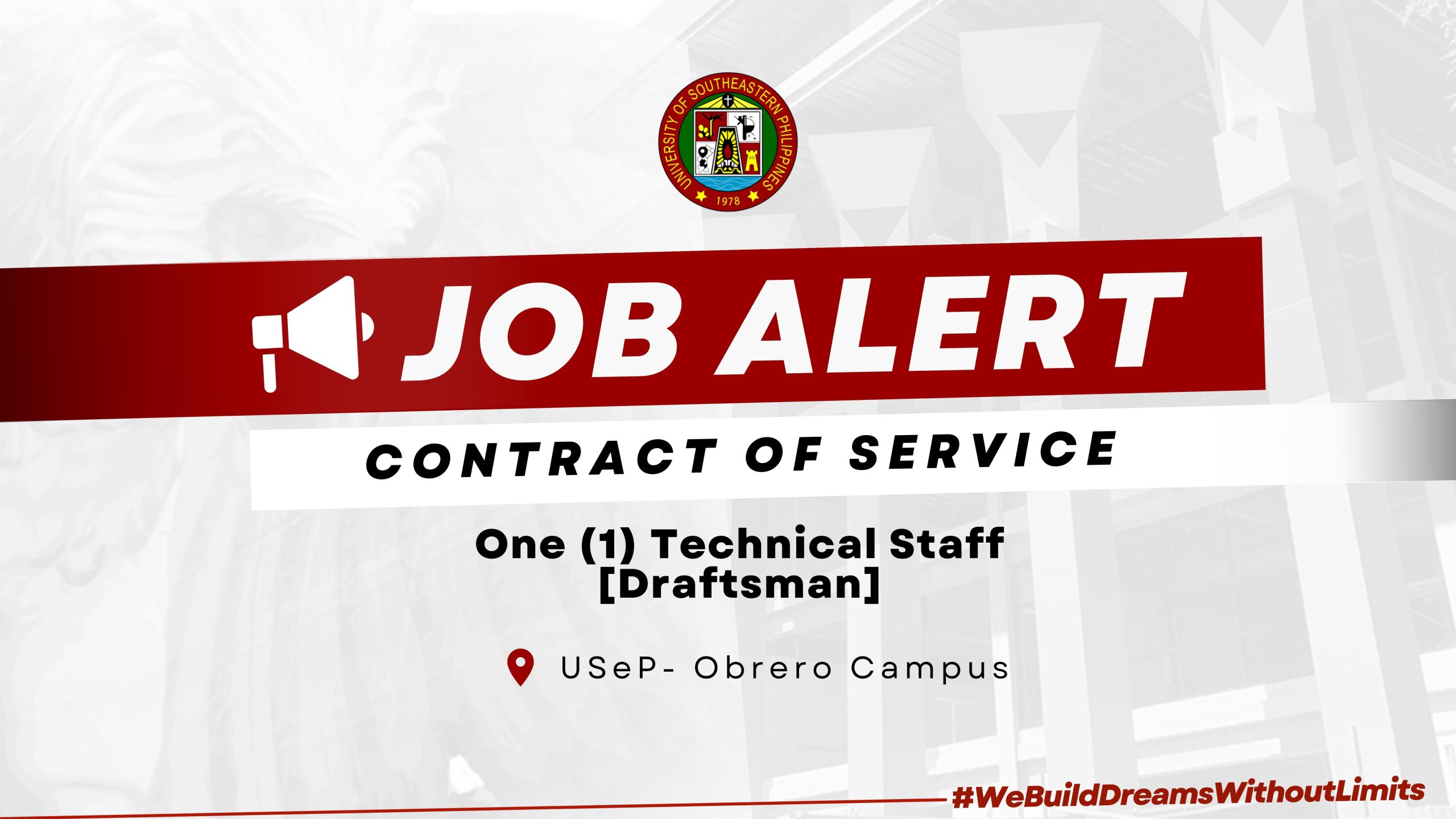 USeP Job Hiring! USeP is in need of one (1) non-teaching personnel for Obrero Campus