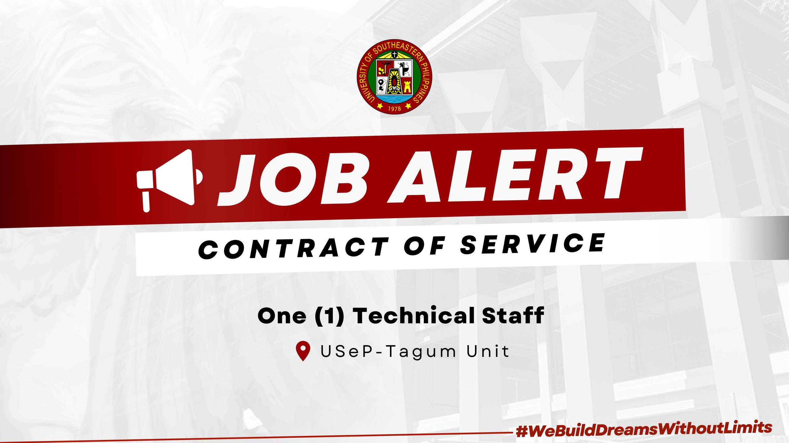 USeP Job Hiring! USeP is in need of one (1) non-teaching personnel for Tagum Unit