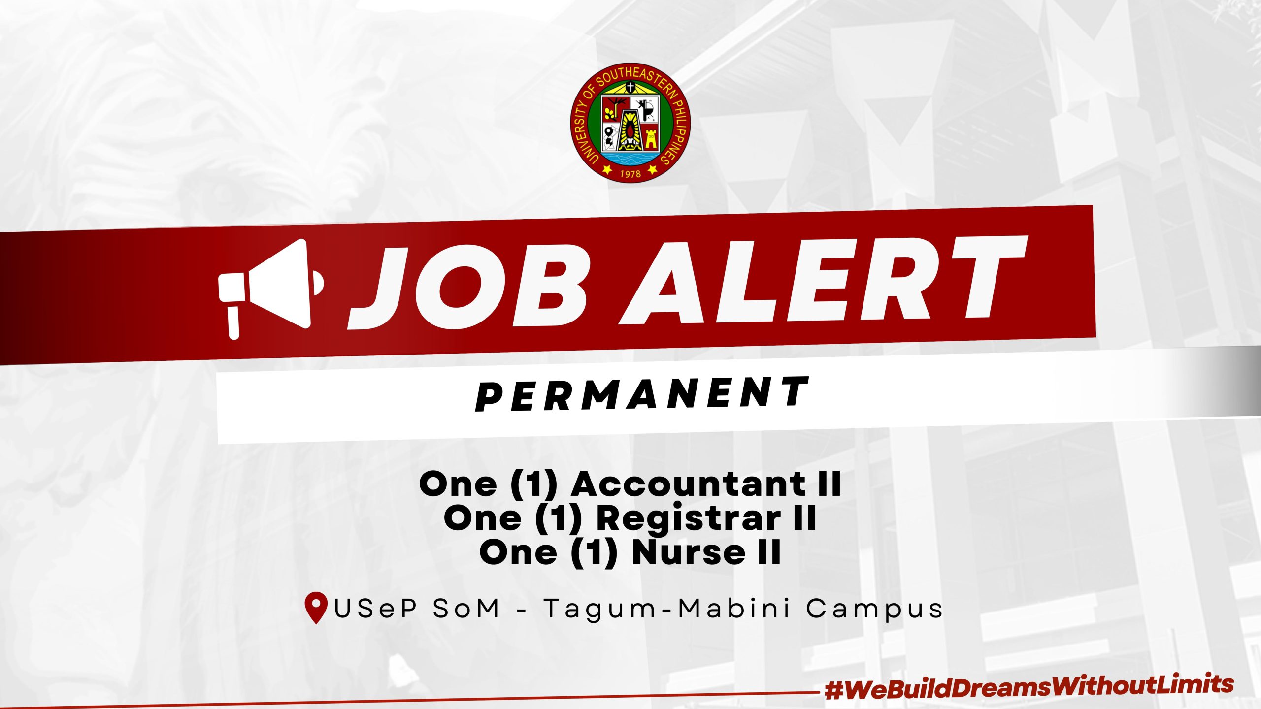 USeP Job Hiring! USeP is in need of three (3) non-teaching personnel for Tagum-Mabini Campus