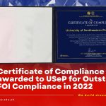 Certificate of Compliance awarded to USeP for Outstanding FOI Compliance in 2022