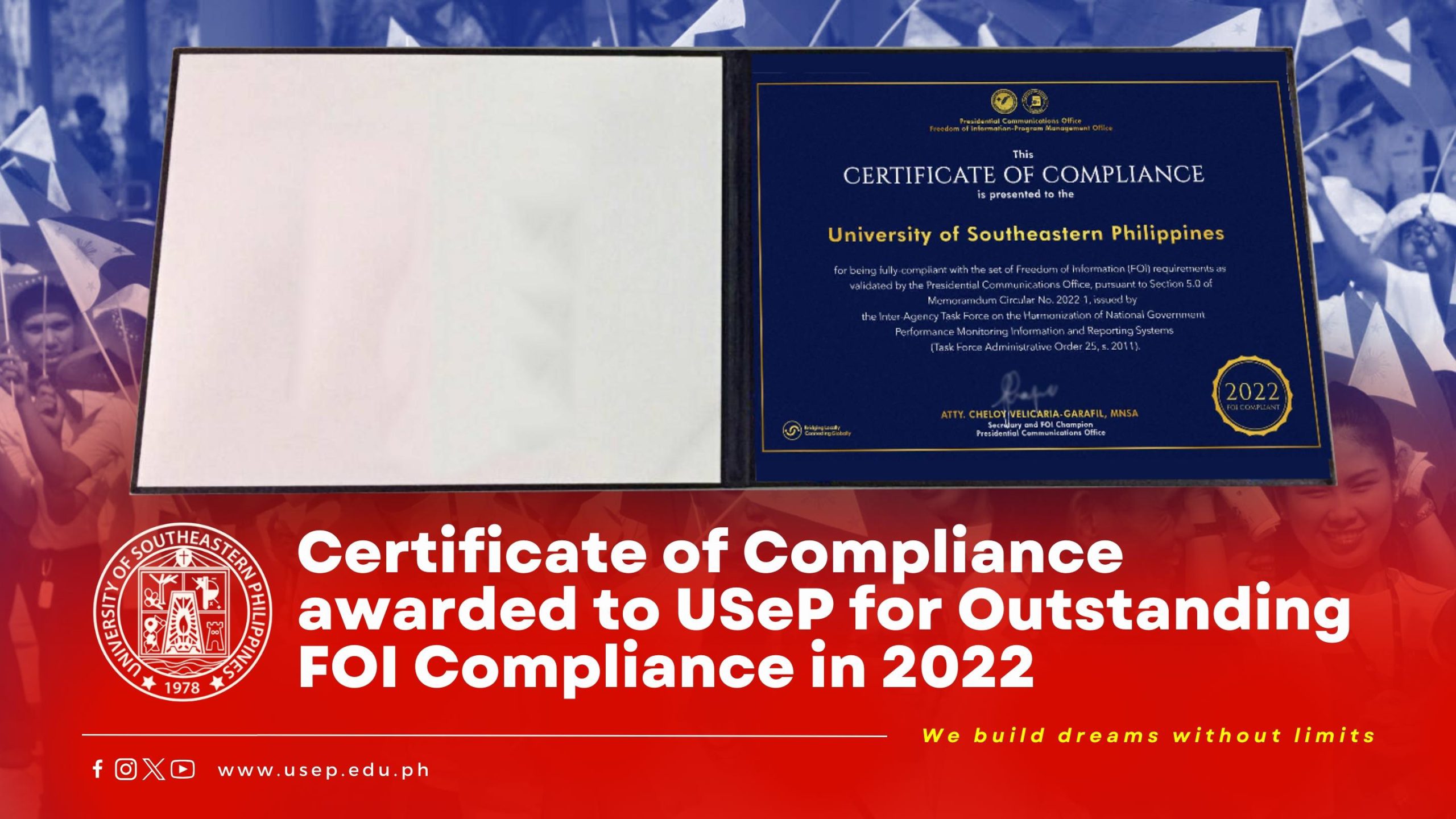 Certificate of Compliance awarded to USeP for Outstanding FOI Compliance in 2022