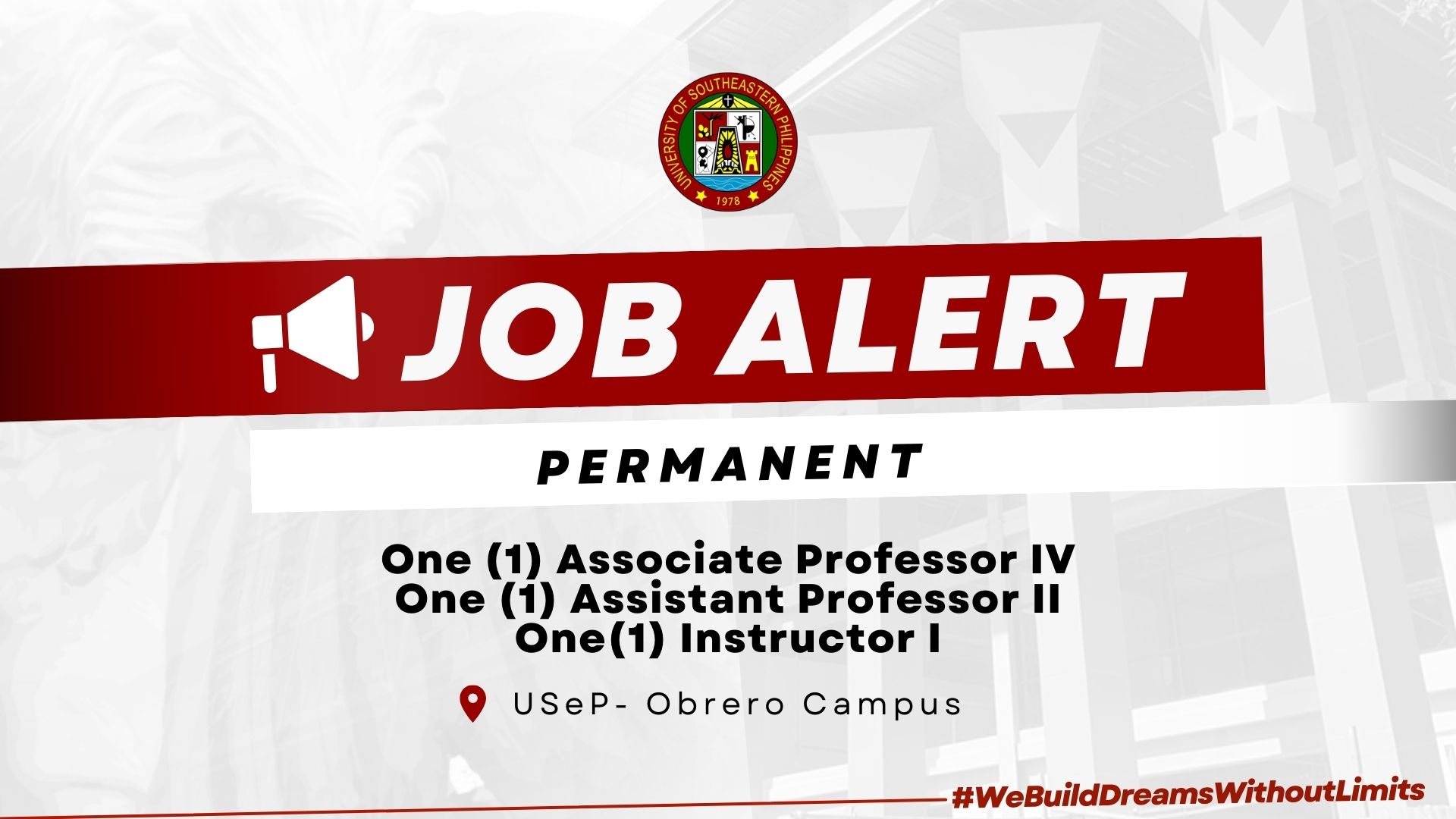 USeP Job Hiring! USeP is in need of three (3) teaching personnel for Obrero Campus